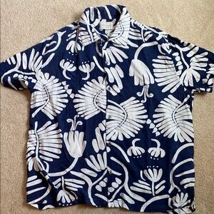 Blue and White Casual Button Down Shirt with Bold Floral Print